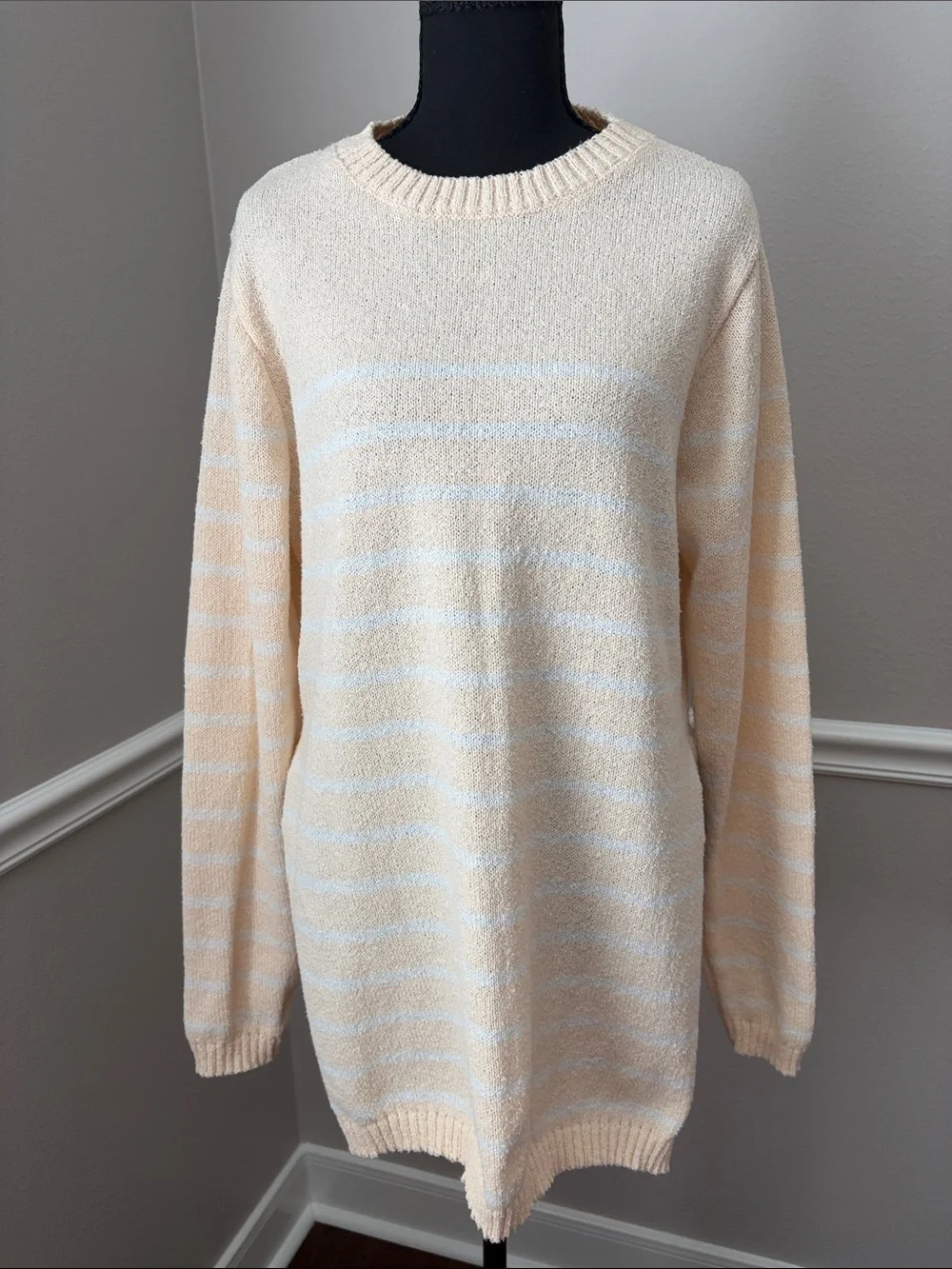Cream & White Striped Women's Cozy Crewneck Sweater Set